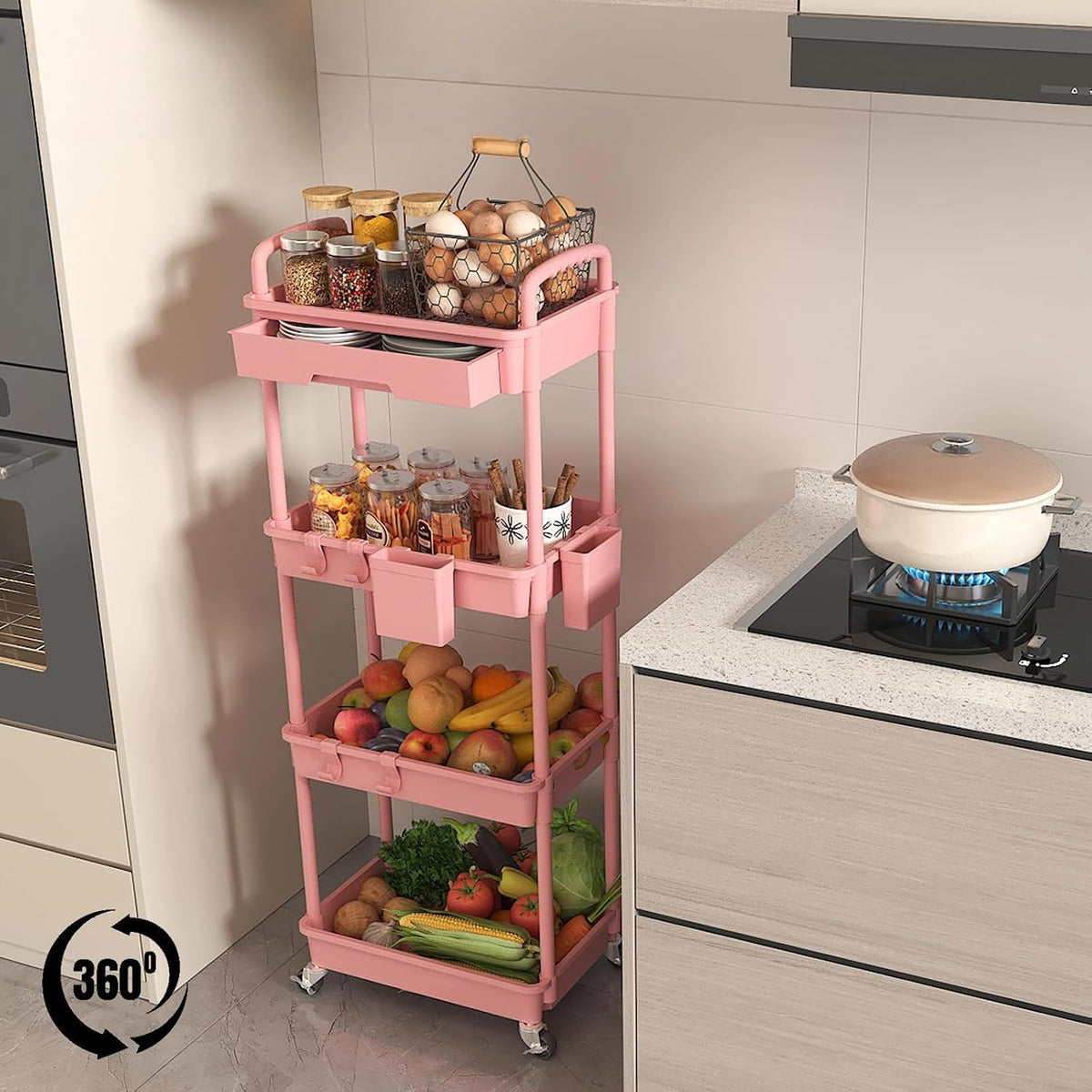 3 Tier Rolling Utility Cart with Drawer, Plastic Storage Organizer Rolling Carts with Wheels Handles Hanging Cups Hooks for Office, Bathroom, Kitchen,Craft Art Room (Pink)