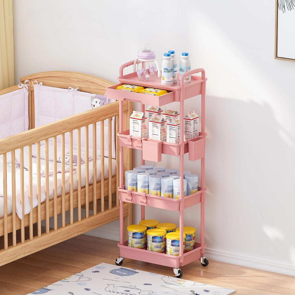 3 Tier Rolling Utility Cart with Drawer, Plastic Storage Organizer Rolling Carts with Wheels Handles Hanging Cups Hooks for Office, Bathroom, Kitchen,Craft Art Room (Pink)
