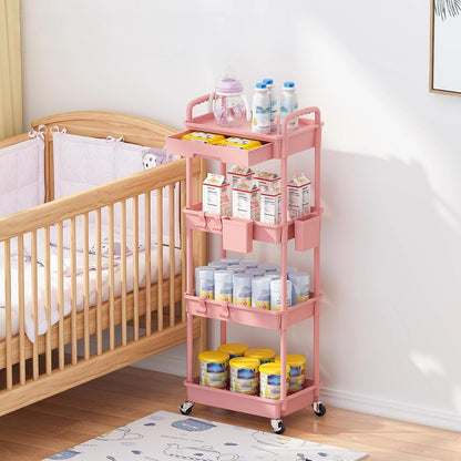 3 Tier Rolling Utility Cart with Drawer, Plastic Storage Organizer Rolling Carts with Wheels Handles Hanging Cups Hooks for Office, Bathroom, Kitchen,Craft Art Room (Pink)