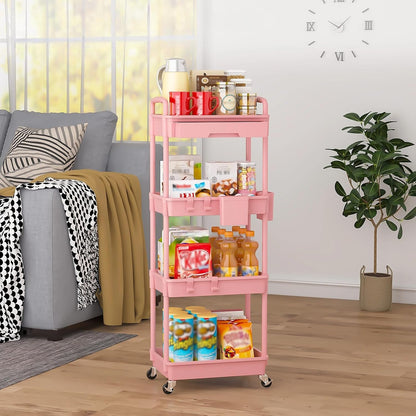 3 Tier Rolling Utility Cart with Drawer, Plastic Storage Organizer Rolling Carts with Wheels Handles Hanging Cups Hooks for Office, Bathroom, Kitchen,Craft Art Room (Pink)