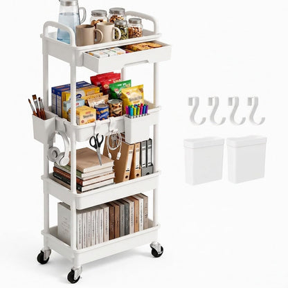 3 Tier Rolling Utility Cart with Drawer, Plastic Storage Organizer Rolling Carts with Wheels Handles Hanging Cups Hooks for Office, Bathroom, Kitchen,Craft Art Room (Pink)