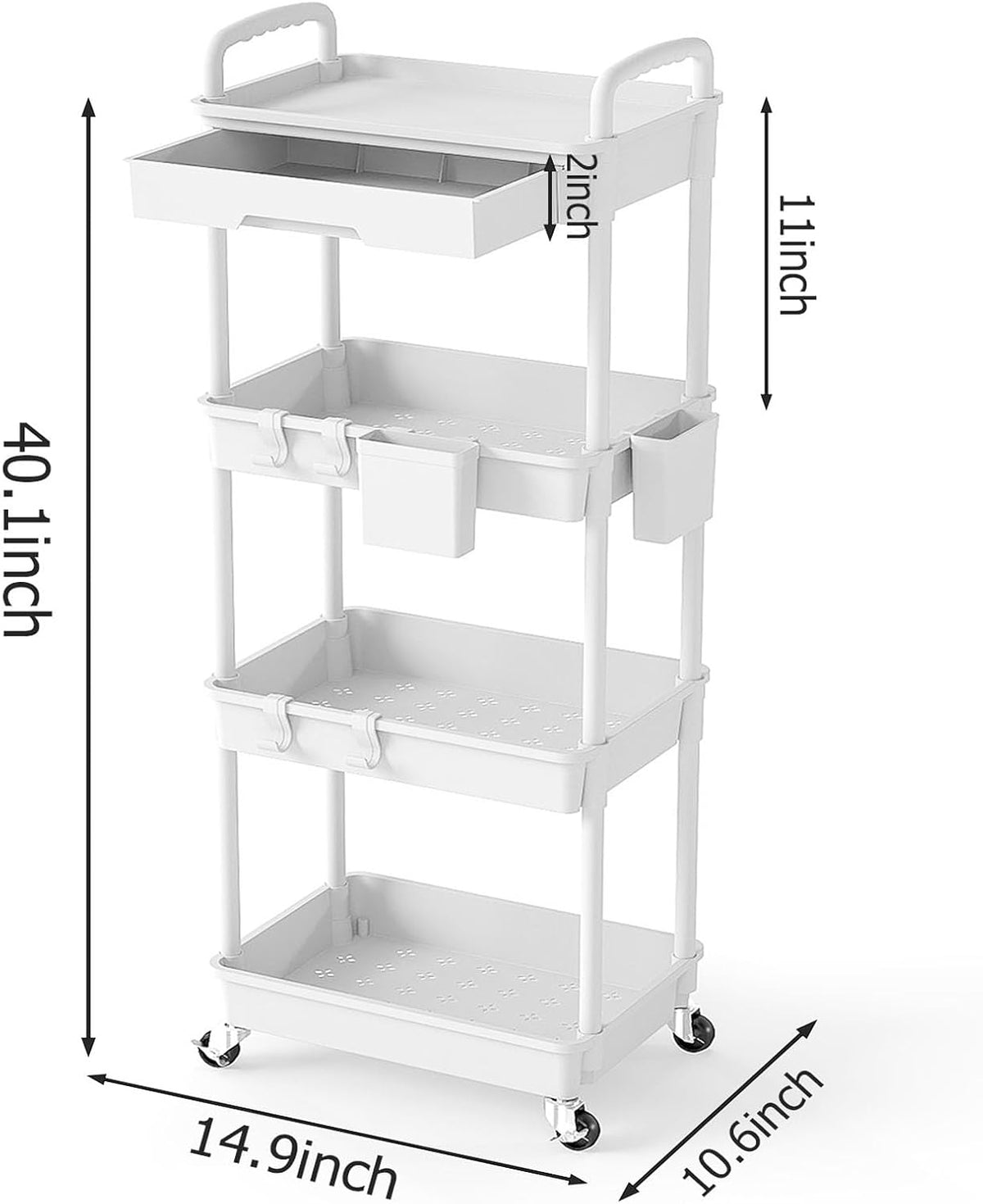 3 Tier Rolling Utility Cart with Drawer, Plastic Storage Organizer Rolling Carts with Wheels Handles Hanging Cups Hooks for Office, Bathroom, Kitchen,Craft Art Room (Pink)