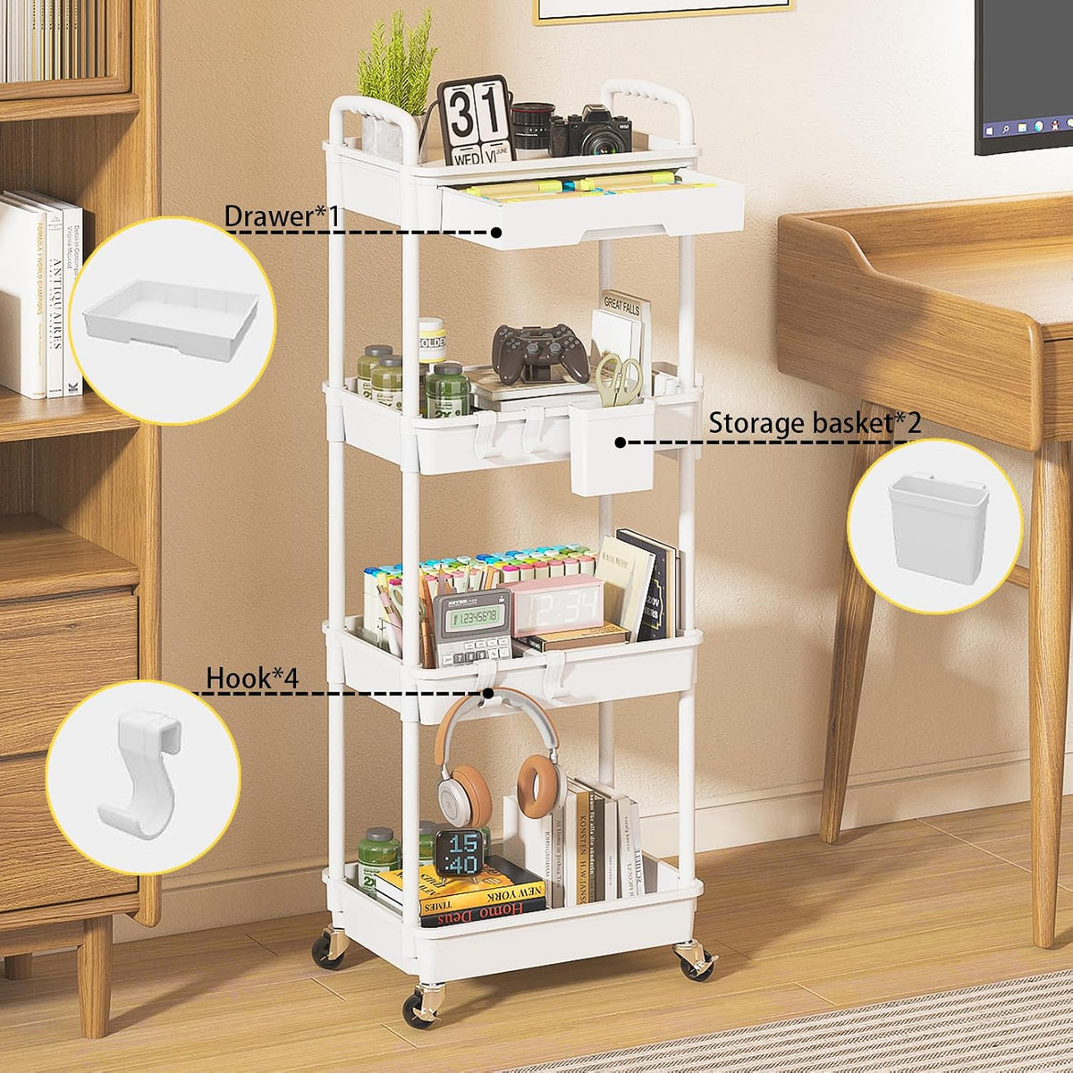 3 Tier Rolling Utility Cart with Drawer, Plastic Storage Organizer Rolling Carts with Wheels Handles Hanging Cups Hooks for Office, Bathroom, Kitchen,Craft Art Room (Pink)