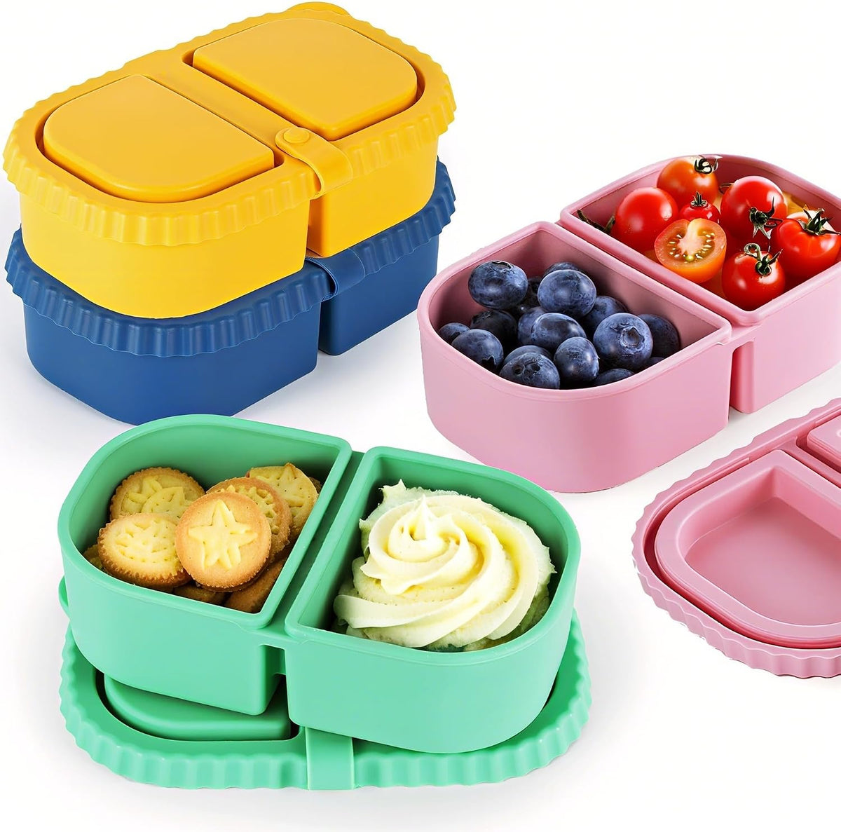 4 Pack Silicone Snack Containers with Lids, 8.5oz Dual Compartment