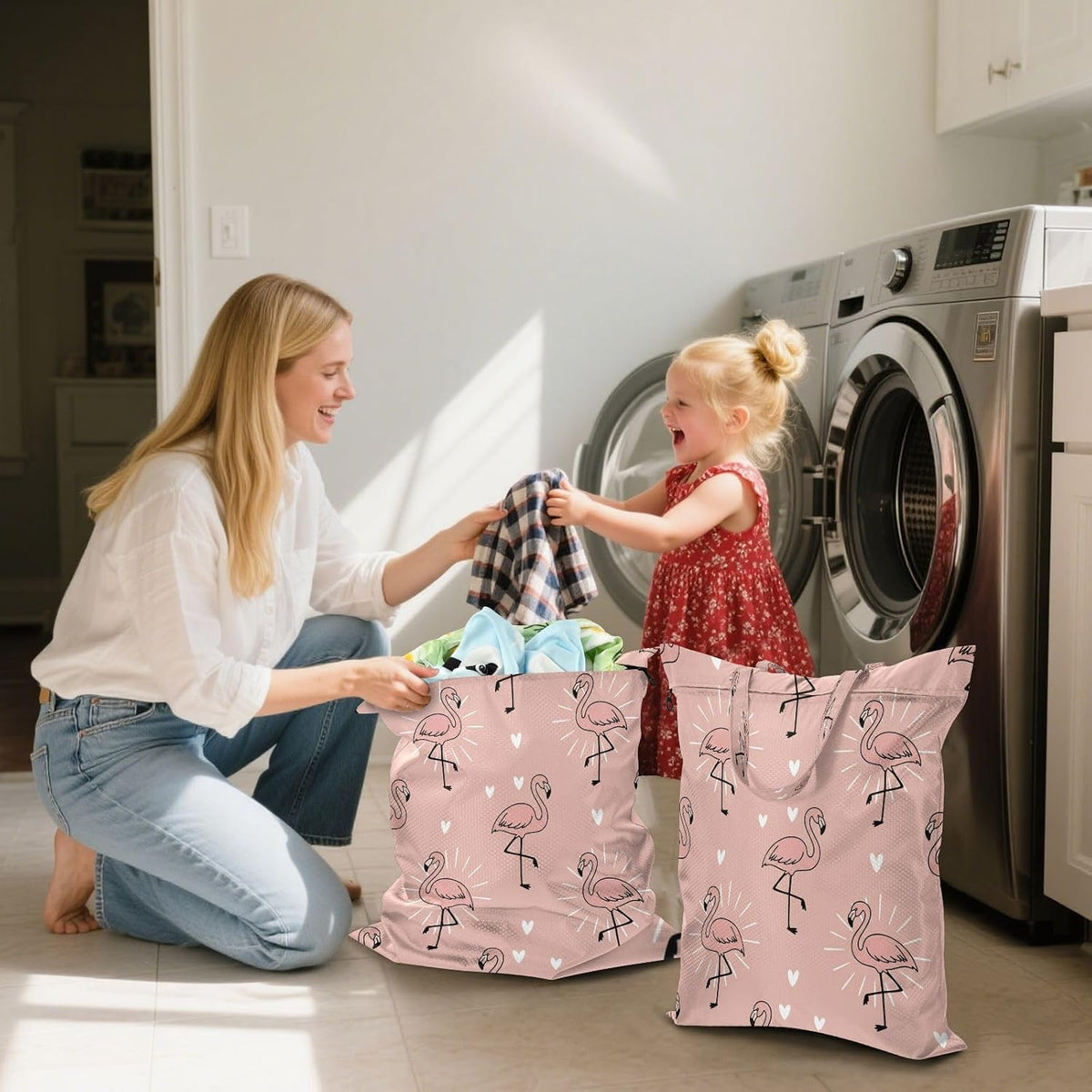 Flamingos Hearts Waterproof Travel Laundry Bag Easy Care 2 Pcs
