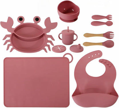 Silicone Baby Feeding Set 12-Piece BPA-Free Baby Led Weaning Kit for 6+ Months – Crab Suction Plate, Bowl, forks, spoons, Bib, Cup, lids & More – Gift Kraft Box – Baby Registry Pink