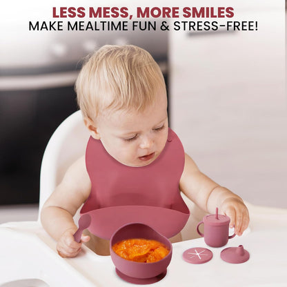 Silicone Baby Feeding Set 12-Piece BPA-Free Baby Led Weaning Kit for 6+ Months – Crab Suction Plate, Bowl, forks, spoons, Bib, Cup, lids & More – Gift Kraft Box – Baby Registry Pink