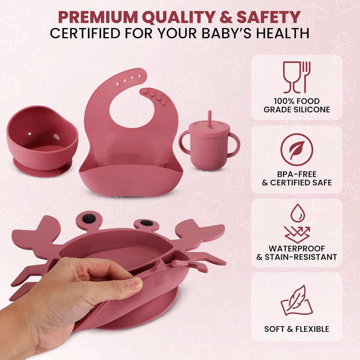Silicone Baby Feeding Set 12-Piece BPA-Free Baby Led Weaning Kit for 6+ Months – Crab Suction Plate, Bowl, forks, spoons, Bib, Cup, lids & More – Gift Kraft Box – Baby Registry Pink