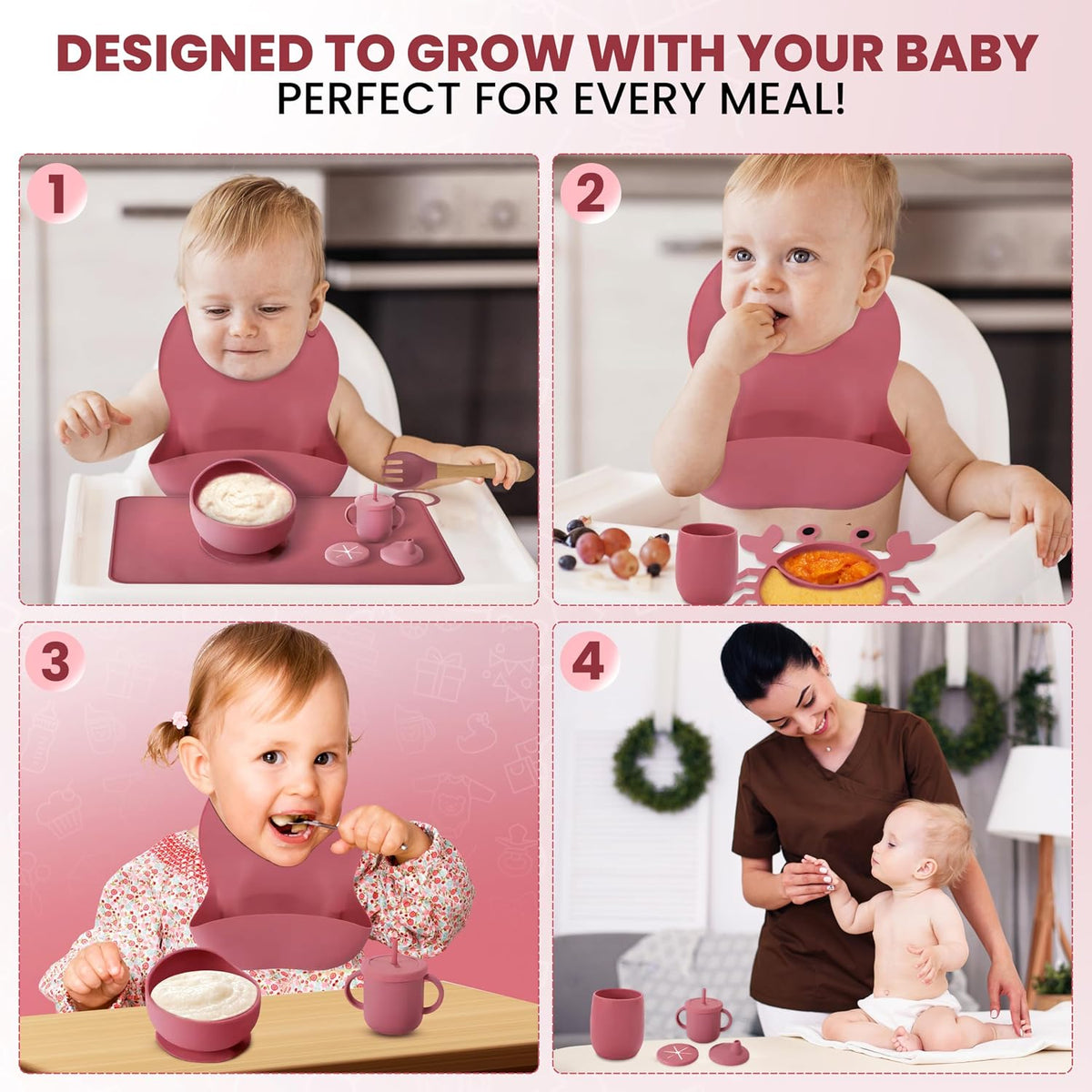 Silicone Baby Feeding Set 12-Piece BPA-Free Baby Led Weaning Kit for 6+ Months – Crab Suction Plate, Bowl, forks, spoons, Bib, Cup, lids & More – Gift Kraft Box – Baby Registry Pink