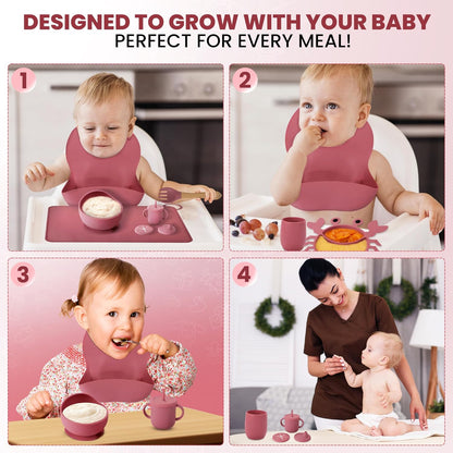 Silicone Baby Feeding Set 12-Piece BPA-Free Baby Led Weaning Kit for 6+ Months – Crab Suction Plate, Bowl, forks, spoons, Bib, Cup, lids & More – Gift Kraft Box – Baby Registry Pink