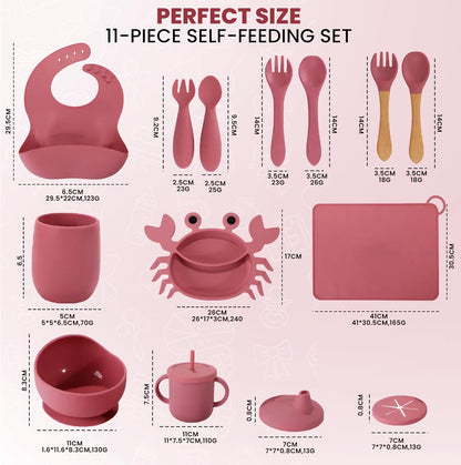 Silicone Baby Feeding Set 12-Piece BPA-Free Baby Led Weaning Kit for 6+ Months – Crab Suction Plate, Bowl, forks, spoons, Bib, Cup, lids & More – Gift Kraft Box – Baby Registry Pink