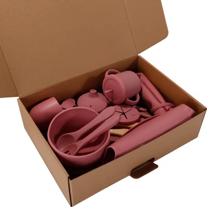 Silicone Baby Feeding Set 12-Piece BPA-Free Baby Led Weaning Kit for 6+ Months – Crab Suction Plate, Bowl, forks, spoons, Bib, Cup, lids & More – Gift Kraft Box – Baby Registry Pink