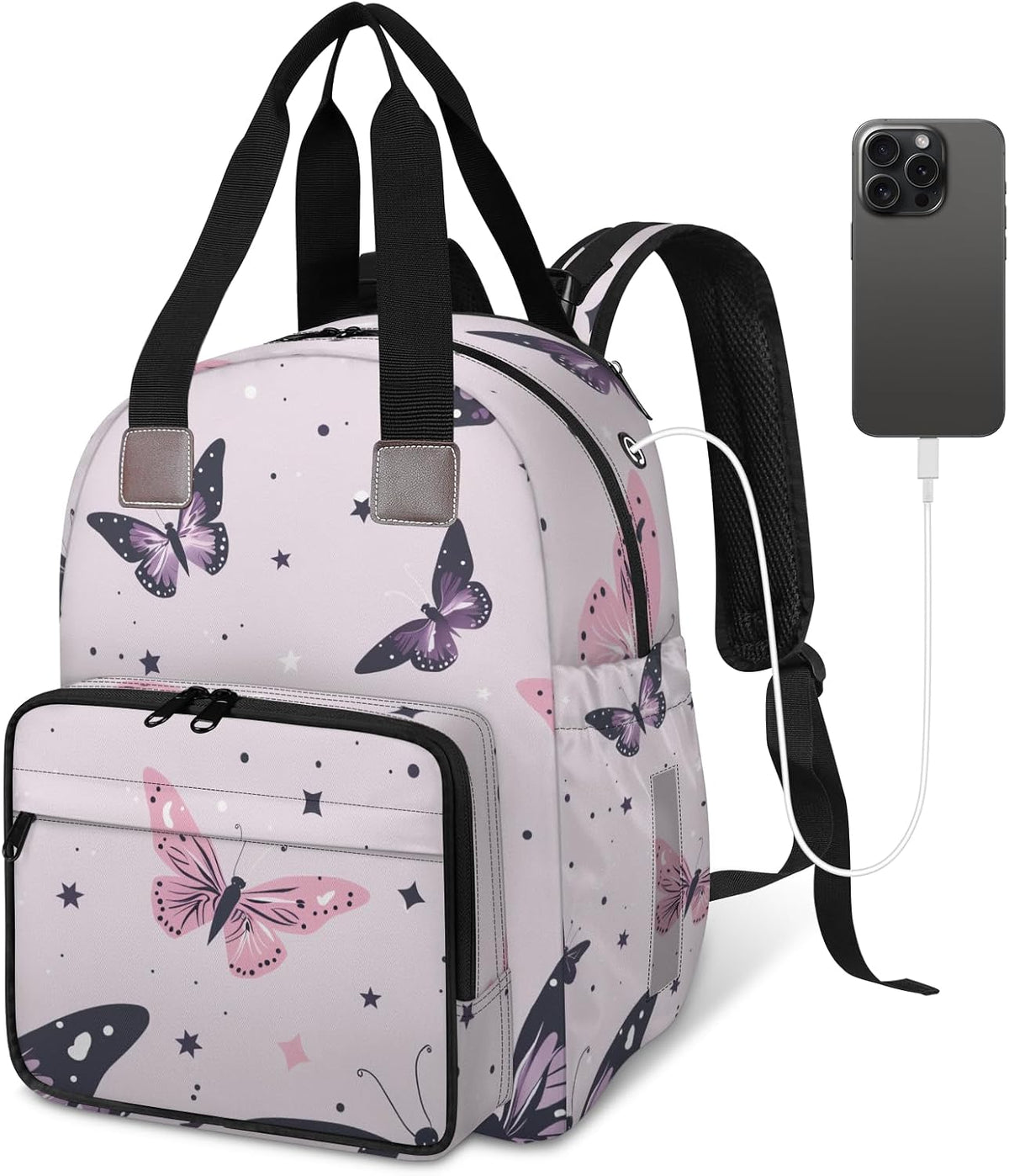 Butterfly Stars Diaper Bag Backpack for Travel, Waterproof Diaper Bag with Insulated Bottle Pockets & USB Port, Large Capacity Baby Bag for Moms & Dads