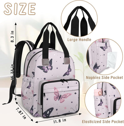 Butterfly Stars Diaper Bag Backpack for Travel, Waterproof Diaper Bag with Insulated Bottle Pockets & USB Port, Large Capacity Baby Bag for Moms & Dads