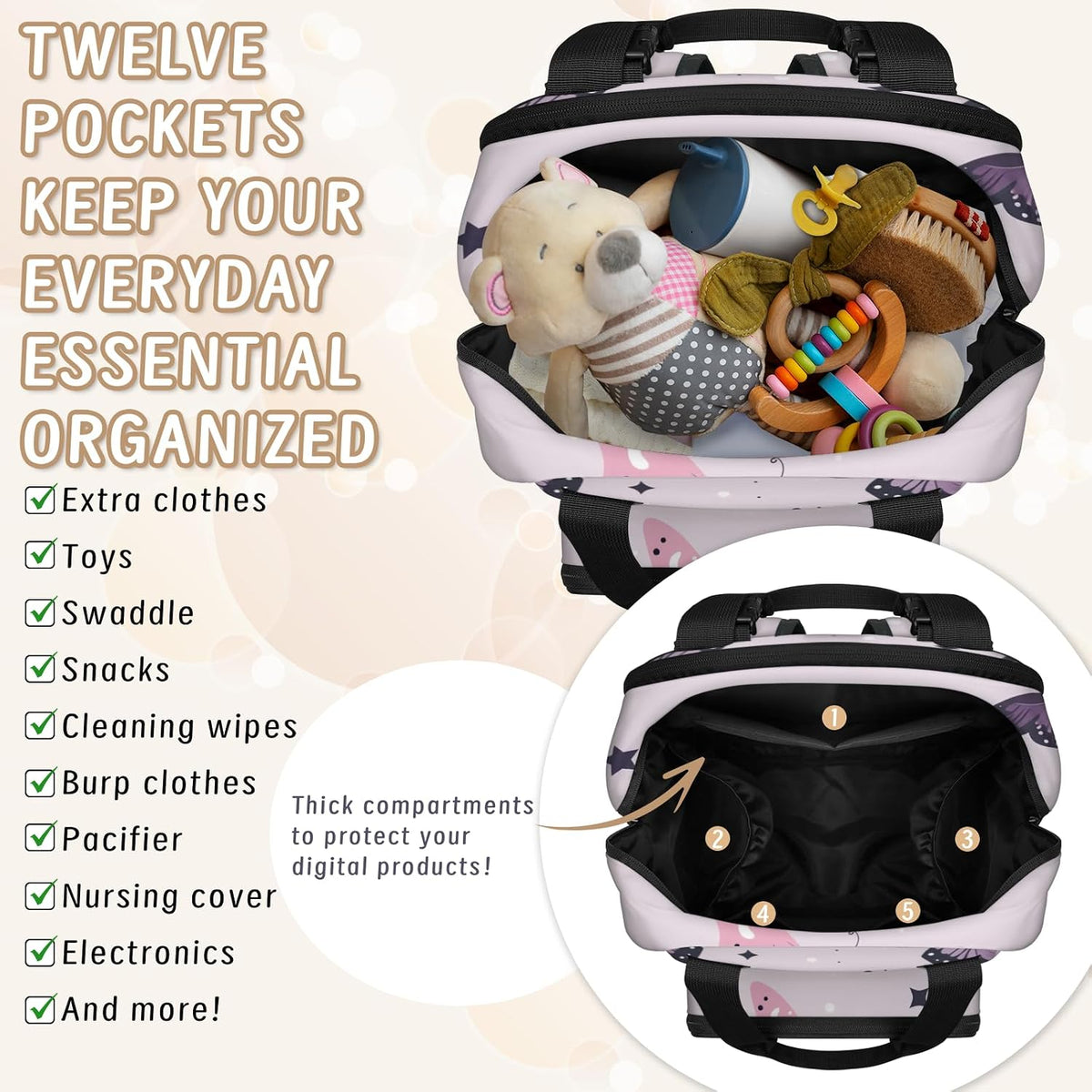 Butterfly Stars Diaper Bag Backpack for Travel, Waterproof Diaper Bag with Insulated Bottle Pockets & USB Port, Large Capacity Baby Bag for Moms & Dads