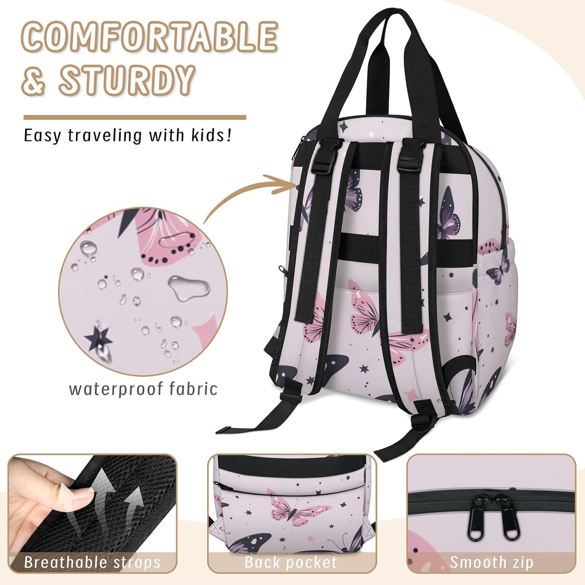 Butterfly Stars Diaper Bag Backpack for Travel, Waterproof Diaper Bag with Insulated Bottle Pockets & USB Port, Large Capacity Baby Bag for Moms & Dads