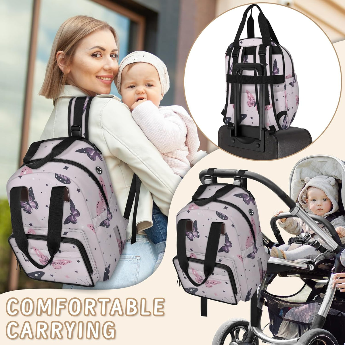 Butterfly Stars Diaper Bag Backpack for Travel, Waterproof Diaper Bag with Insulated Bottle Pockets & USB Port, Large Capacity Baby Bag for Moms & Dads