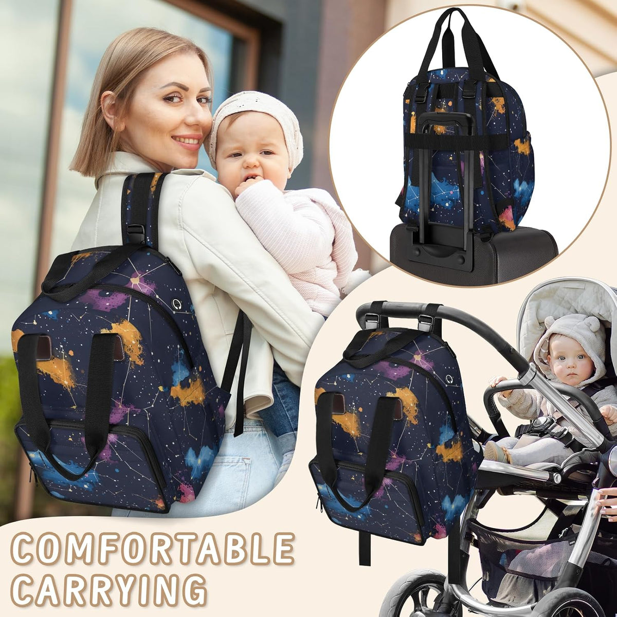 Butterfly Stars Diaper Bag Backpack for Travel, Waterproof Diaper Bag with Insulated Bottle Pockets & USB Port, Large Capacity Baby Bag for Moms & Dads