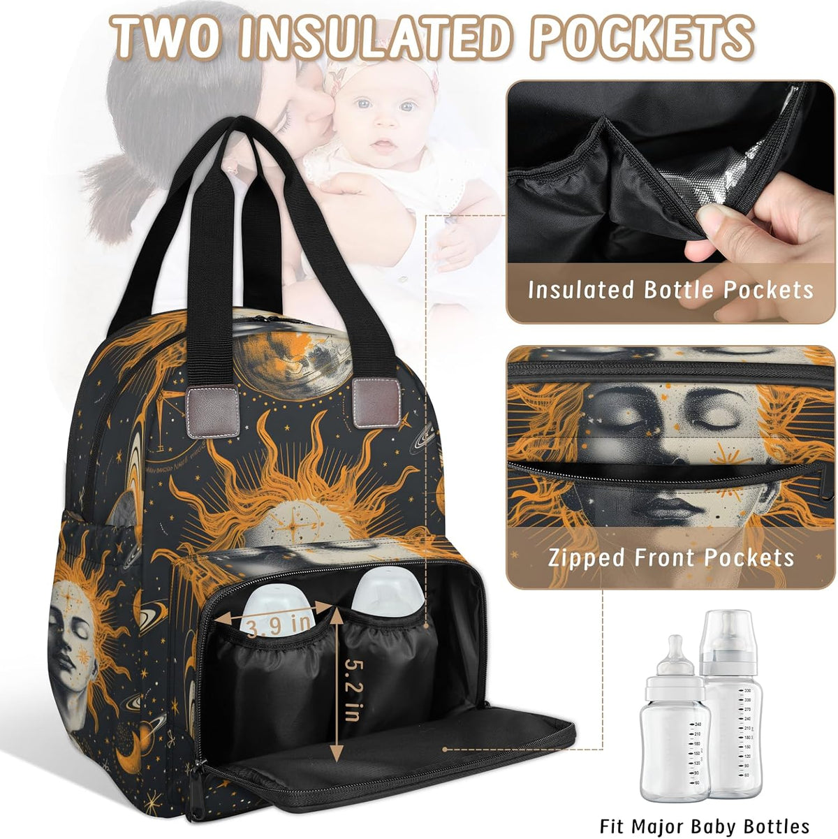 Butterfly Stars Diaper Bag Backpack for Travel, Waterproof Diaper Bag with Insulated Bottle Pockets & USB Port, Large Capacity Baby Bag for Moms & Dads