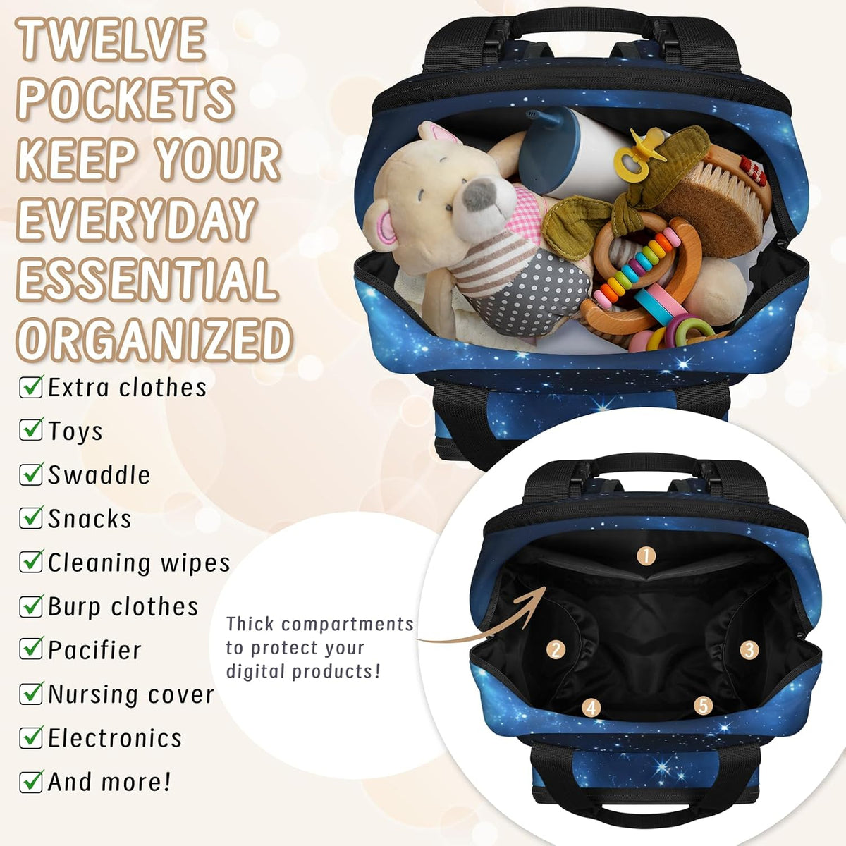 Butterfly Stars Diaper Bag Backpack for Travel, Waterproof Diaper Bag with Insulated Bottle Pockets & USB Port, Large Capacity Baby Bag for Moms & Dads