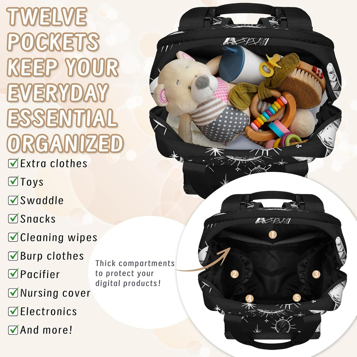 Butterfly Stars Diaper Bag Backpack for Travel, Waterproof Diaper Bag with Insulated Bottle Pockets & USB Port, Large Capacity Baby Bag for Moms & Dads
