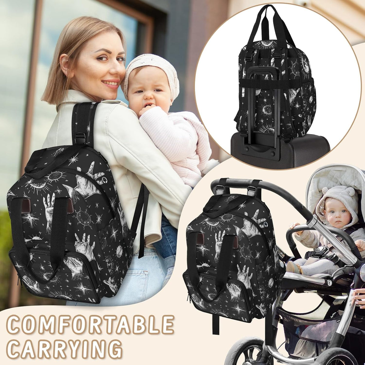 Butterfly Stars Diaper Bag Backpack for Travel, Waterproof Diaper Bag with Insulated Bottle Pockets & USB Port, Large Capacity Baby Bag for Moms & Dads