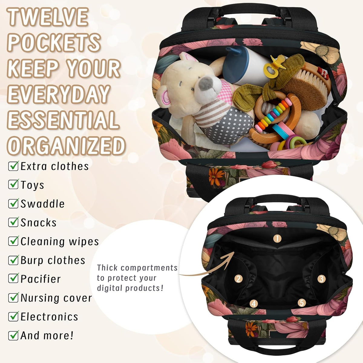 Butterfly Stars Diaper Bag Backpack for Travel, Waterproof Diaper Bag with Insulated Bottle Pockets & USB Port, Large Capacity Baby Bag for Moms & Dads