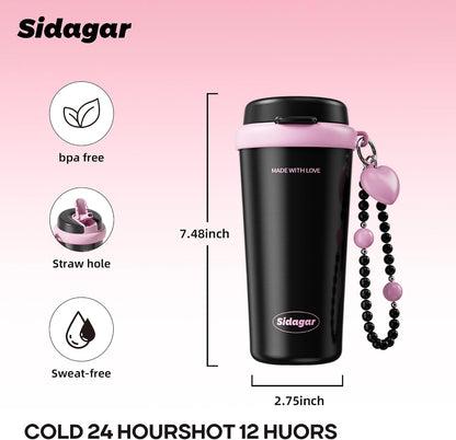 16oz Ceramic Lined Coffee Mug with Heart Charm, Leak-Proof Vacuum Insulated Travel Tumbler, Reusable Stainless Steel Cup for Women, Yoga & Commute - Creamy pale yellow