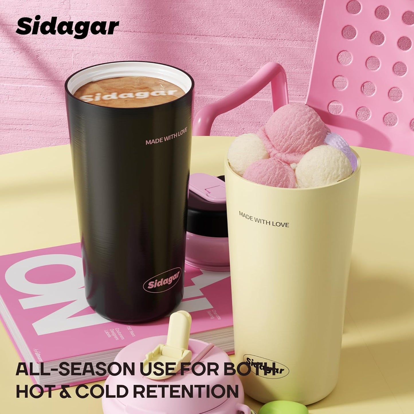 16oz Ceramic Lined Coffee Mug with Heart Charm, Leak-Proof Vacuum Insulated Travel Tumbler, Reusable Stainless Steel Cup for Women, Yoga & Commute - Creamy pale yellow
