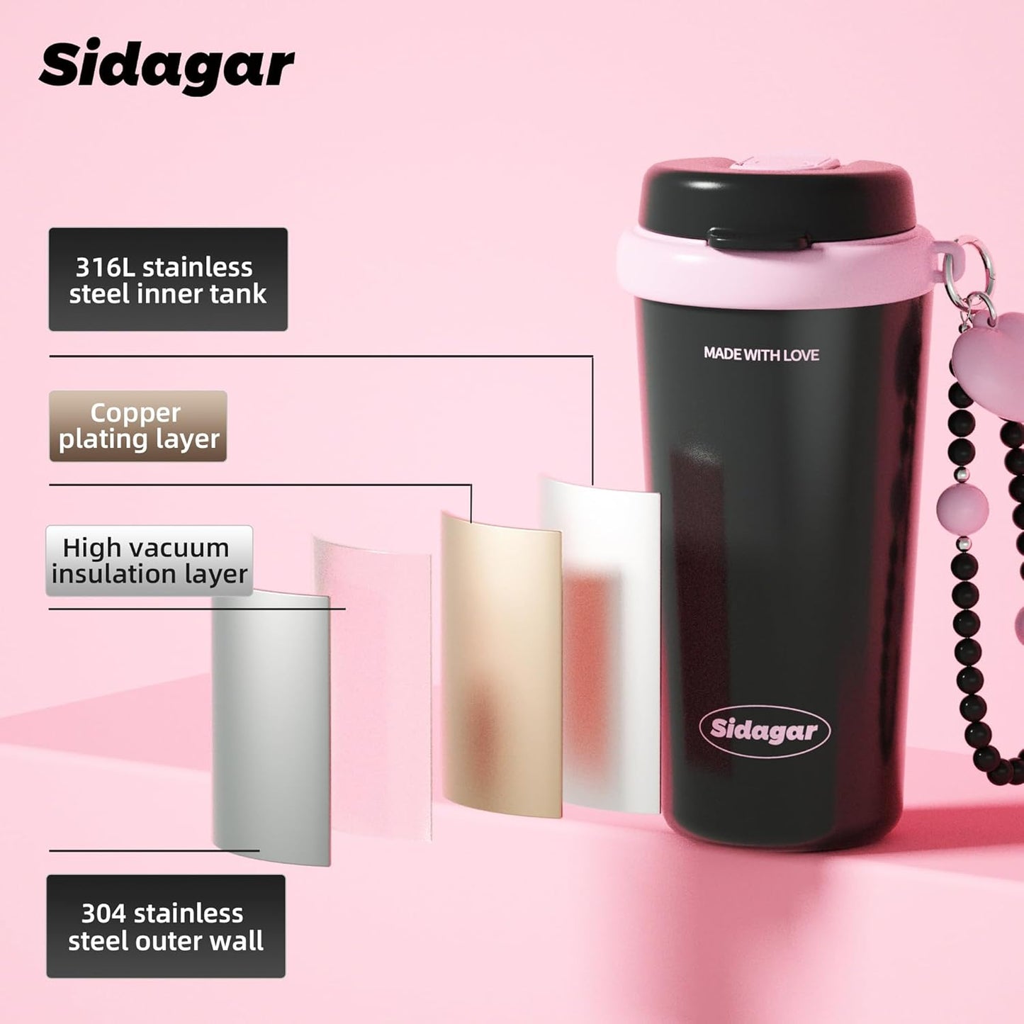 16oz Ceramic Lined Coffee Mug with Heart Charm, Leak-Proof Vacuum Insulated Travel Tumbler, Reusable Stainless Steel Cup for Women, Yoga & Commute - Creamy pale yellow