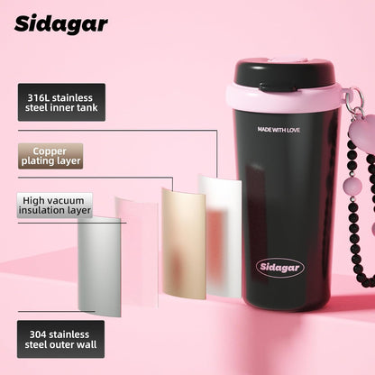 16oz Ceramic Lined Coffee Mug with Heart Charm, Leak-Proof Vacuum Insulated Travel Tumbler, Reusable Stainless Steel Cup for Women, Yoga & Commute - Creamy pale yellow