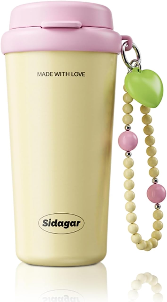 16oz Ceramic Lined Coffee Mug with Heart Charm, Leak-Proof Vacuum Insulated Travel Tumbler, Reusable Stainless Steel Cup for Women, Yoga & Commute - Creamy pale yellow