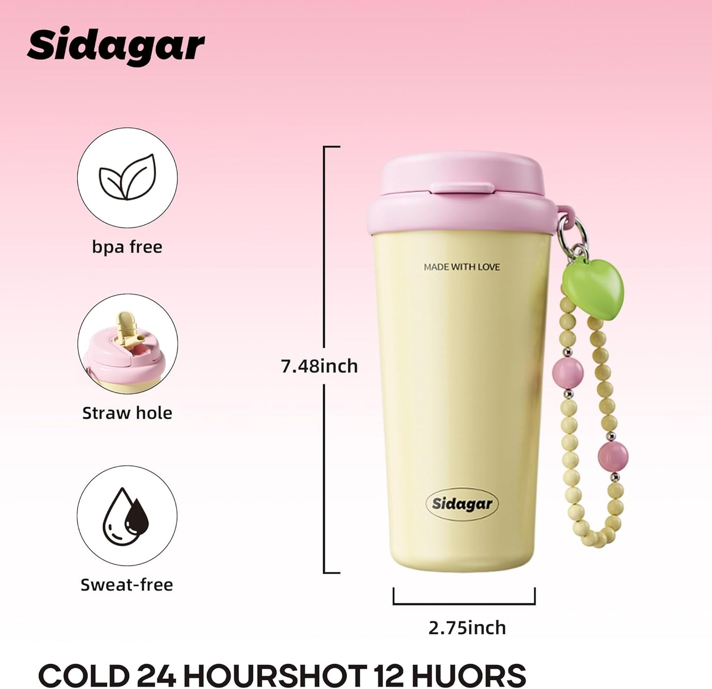 16oz Ceramic Lined Coffee Mug with Heart Charm, Leak-Proof Vacuum Insulated Travel Tumbler, Reusable Stainless Steel Cup for Women, Yoga & Commute - Creamy pale yellow