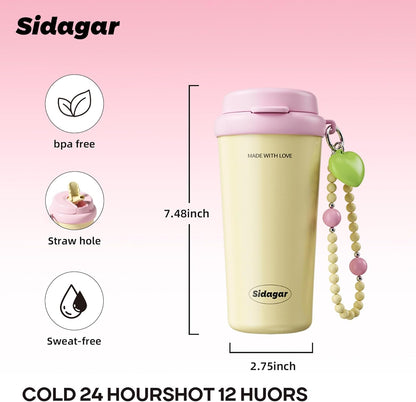 16oz Ceramic Lined Coffee Mug with Heart Charm, Leak-Proof Vacuum Insulated Travel Tumbler, Reusable Stainless Steel Cup for Women, Yoga & Commute - Creamy pale yellow