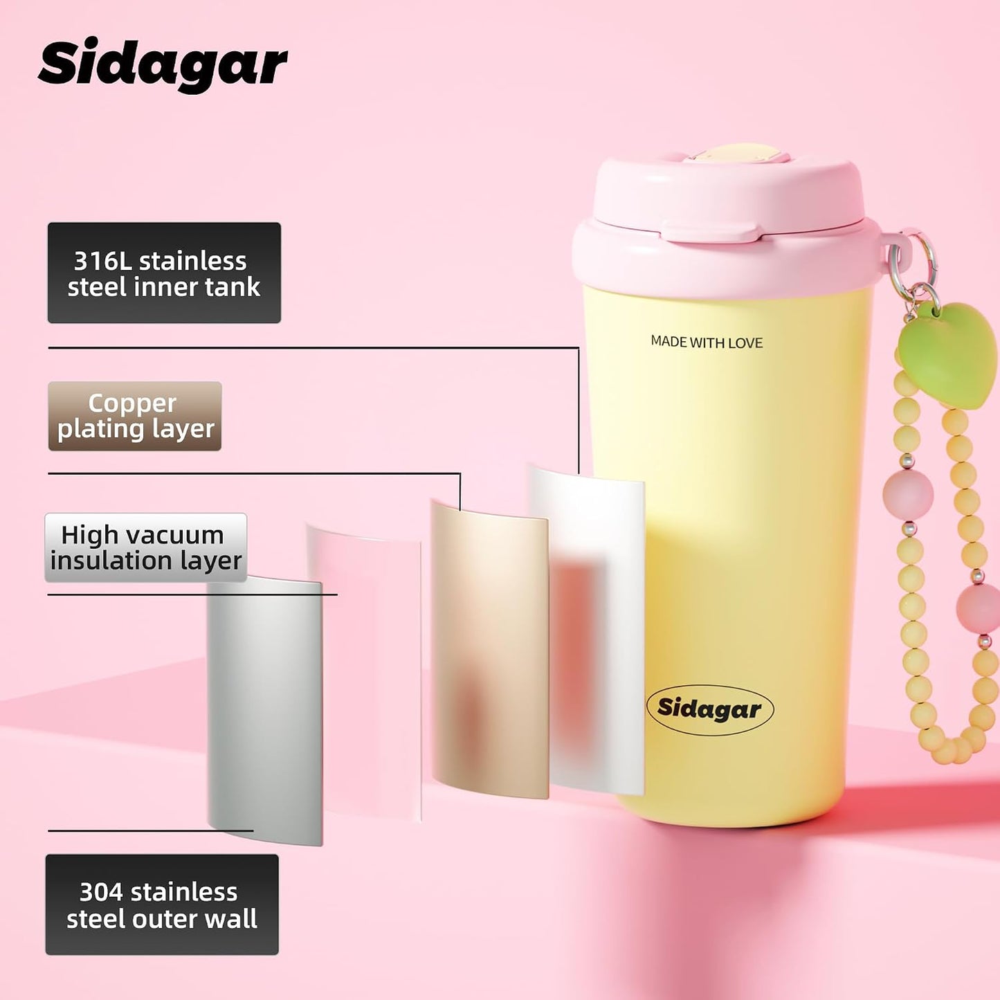 16oz Ceramic Lined Coffee Mug with Heart Charm, Leak-Proof Vacuum Insulated Travel Tumbler, Reusable Stainless Steel Cup for Women, Yoga & Commute - Creamy pale yellow