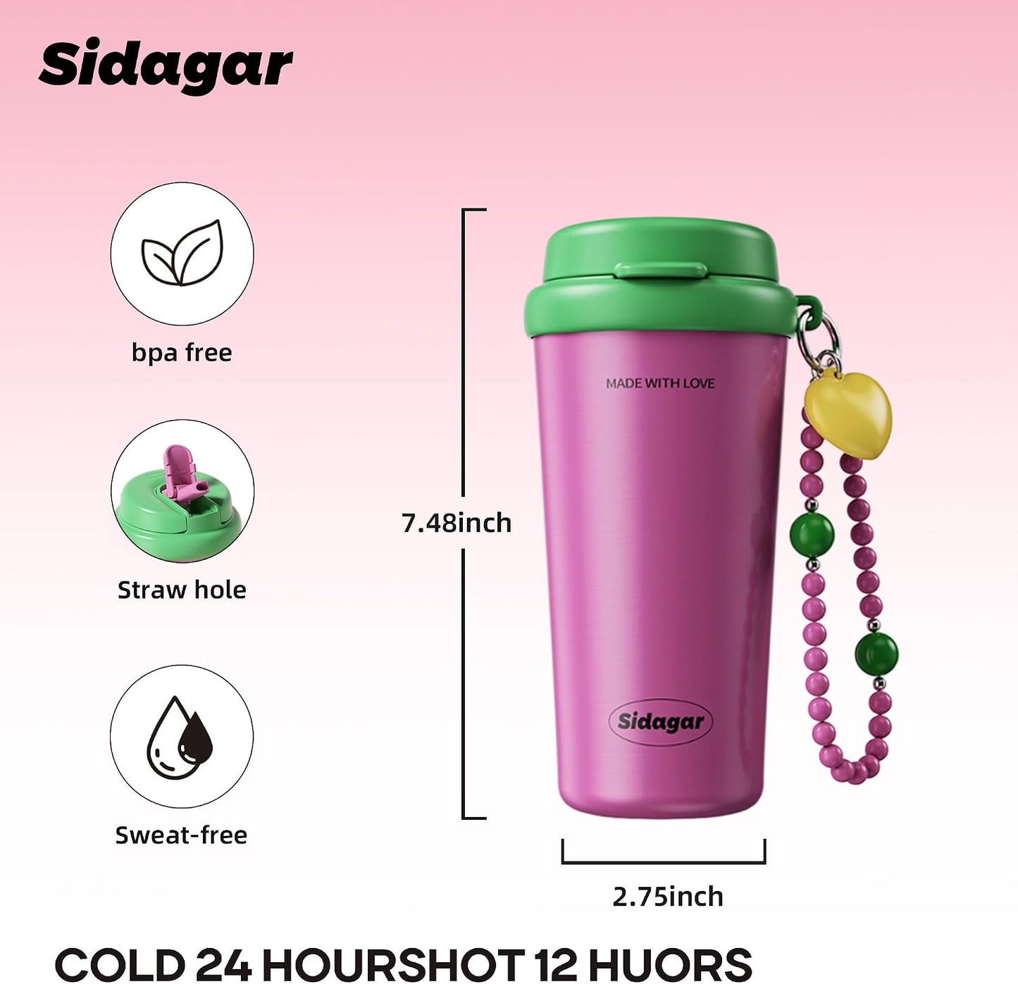 16oz Ceramic Lined Coffee Mug with Heart Charm, Leak-Proof Vacuum Insulated Travel Tumbler, Reusable Stainless Steel Cup for Women, Yoga & Commute - Creamy pale yellow