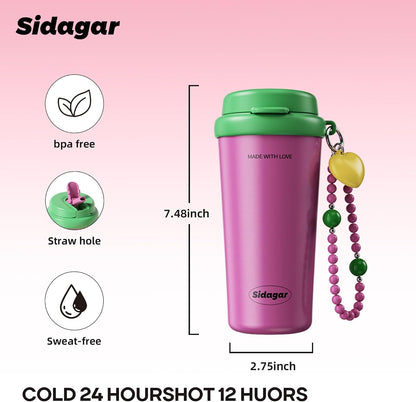 16oz Ceramic Lined Coffee Mug with Heart Charm, Leak-Proof Vacuum Insulated Travel Tumbler, Reusable Stainless Steel Cup for Women, Yoga & Commute - Creamy pale yellow
