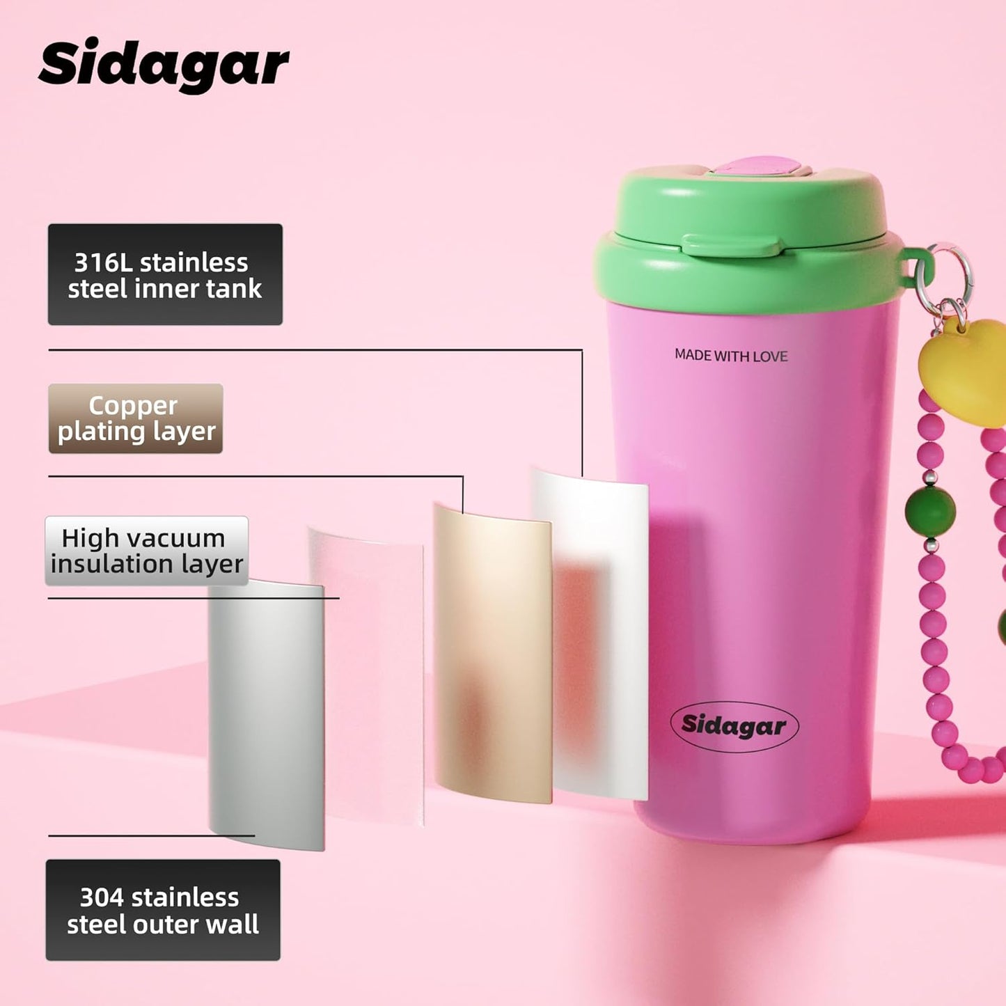 16oz Ceramic Lined Coffee Mug with Heart Charm, Leak-Proof Vacuum Insulated Travel Tumbler, Reusable Stainless Steel Cup for Women, Yoga & Commute - Creamy pale yellow