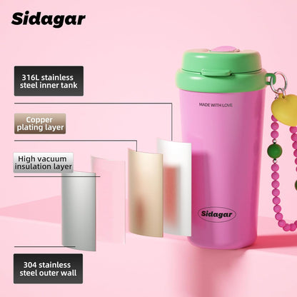 16oz Ceramic Lined Coffee Mug with Heart Charm, Leak-Proof Vacuum Insulated Travel Tumbler, Reusable Stainless Steel Cup for Women, Yoga & Commute - Creamy pale yellow