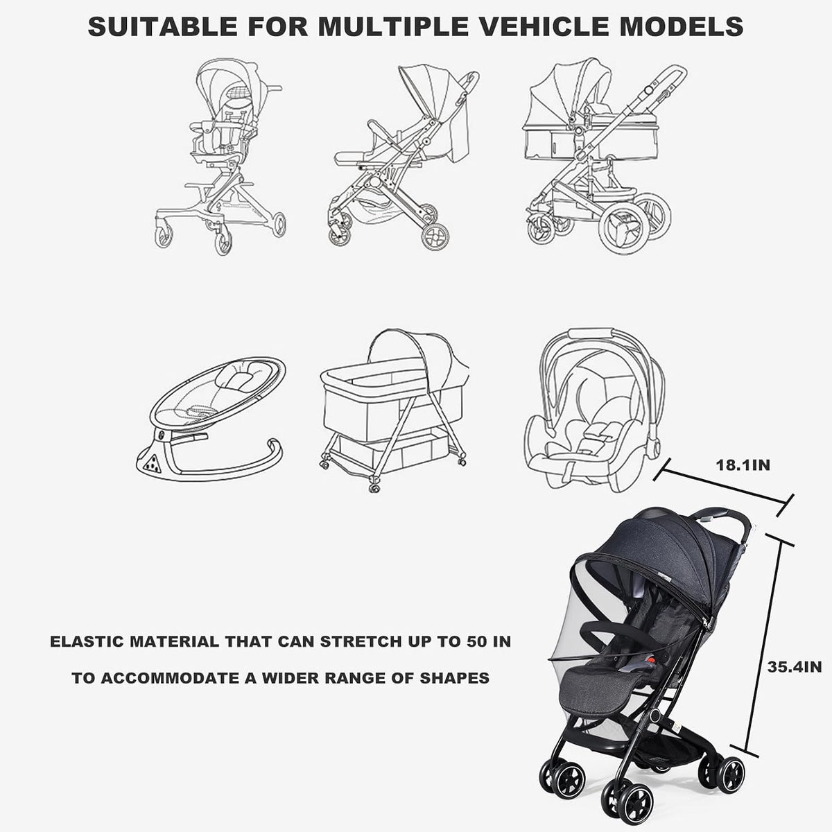 2-in-1 Baby Mosquito Net with Sunshade for Stroller, Universal Stroller Sun Shade & Mosquito Net with 2-Way Zipper, Breathable & Foldable Baby Bug Net for Infant Carriages, Prams