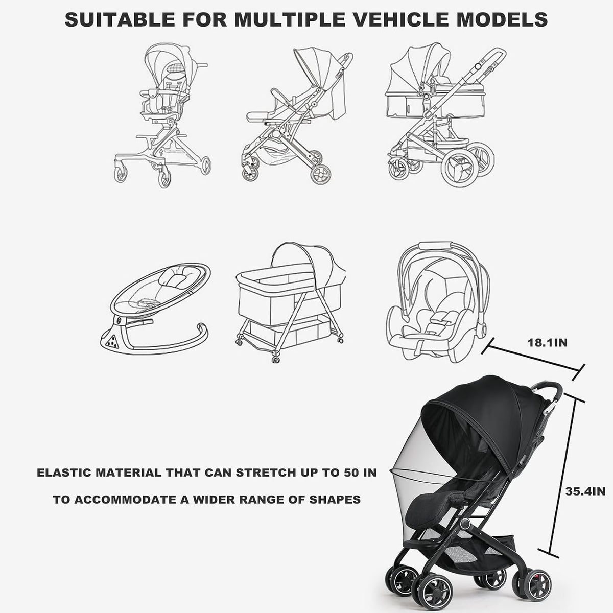 2-in-1 Baby Mosquito Net with Sunshade for Stroller, Universal Stroller Sun Shade & Mosquito Net with 2-Way Zipper, Breathable & Foldable Baby Bug Net for Infant Carriages, Prams