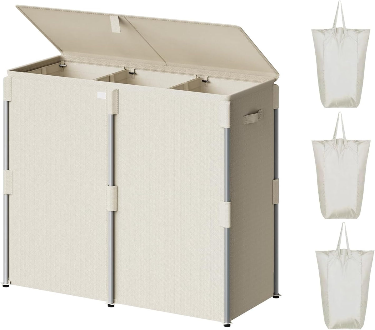 180L Laundry Hamper with Lid 3 Section, Metal Frame Clothes Hamper