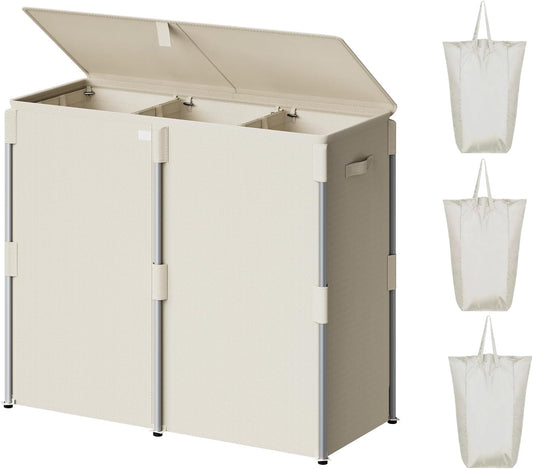 180L Laundry Hamper with Lid 3 Section, Metal Frame Clothes Hamper