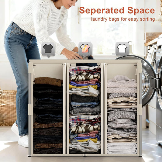 180L Laundry Hamper with Lid 3 Section, Metal Frame Clothes Hamper