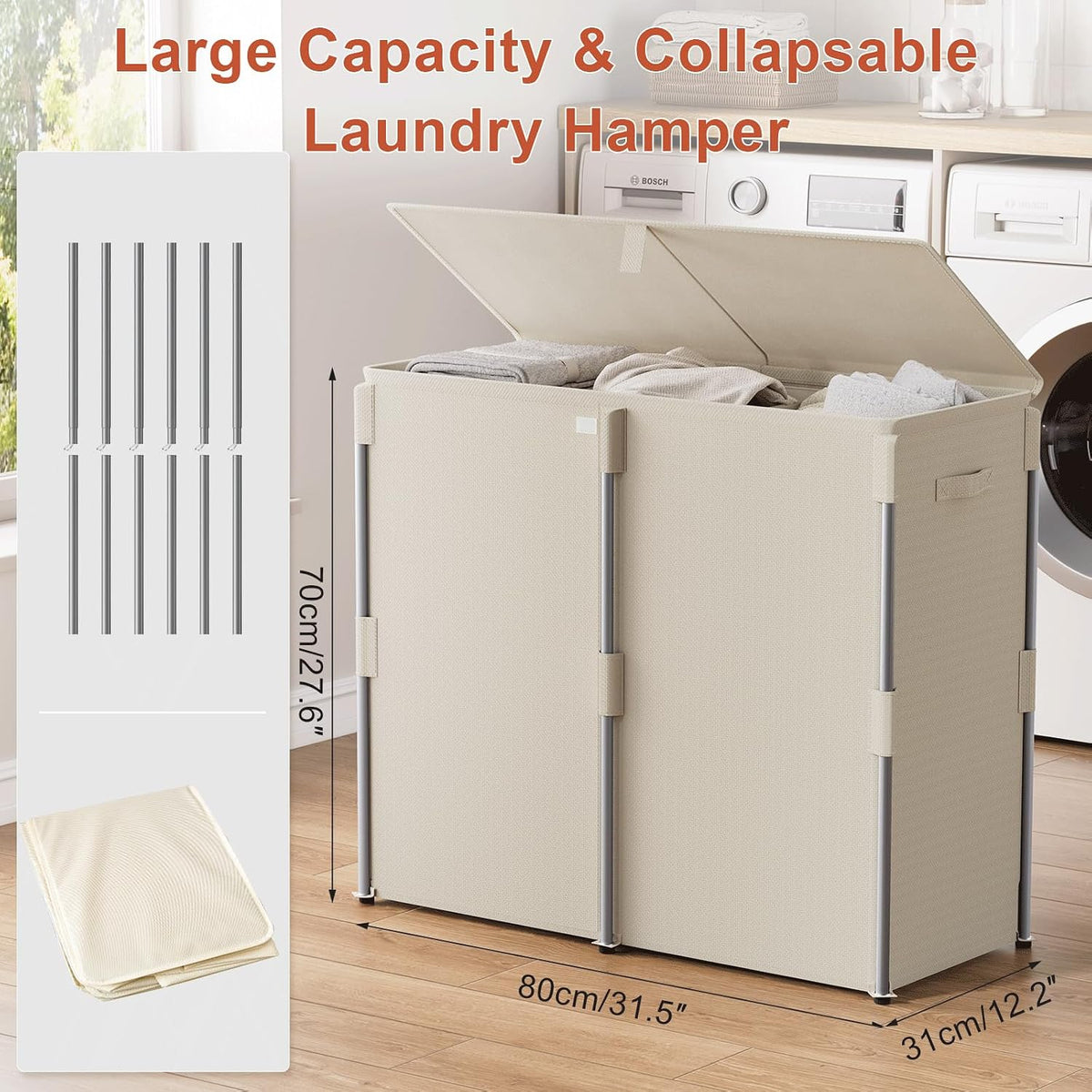 180L Laundry Hamper with Lid 3 Section, Metal Frame Clothes Hamper