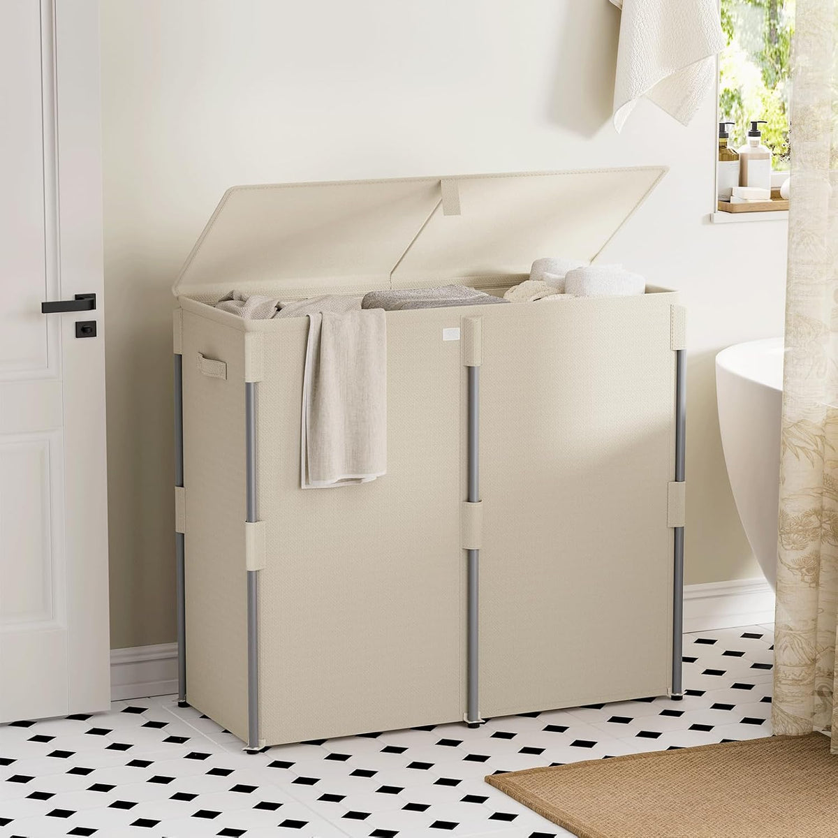 180L Laundry Hamper with Lid 3 Section, Metal Frame Clothes Hamper