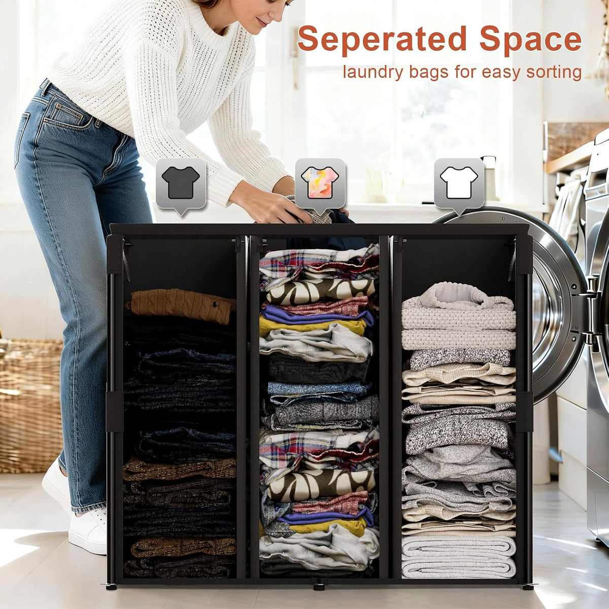 180L Laundry Hamper with Lid 3 Section, Metal Frame Clothes Hamper