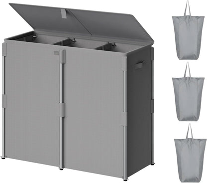 180L Laundry Hamper with Lid 3 Section, Metal Frame Clothes Hamper