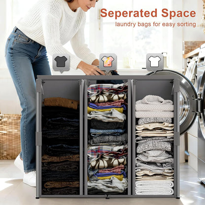 180L Laundry Hamper with Lid 3 Section, Metal Frame Clothes Hamper
