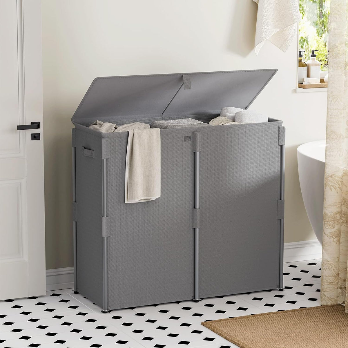 180L Laundry Hamper with Lid 3 Section, Metal Frame Clothes Hamper